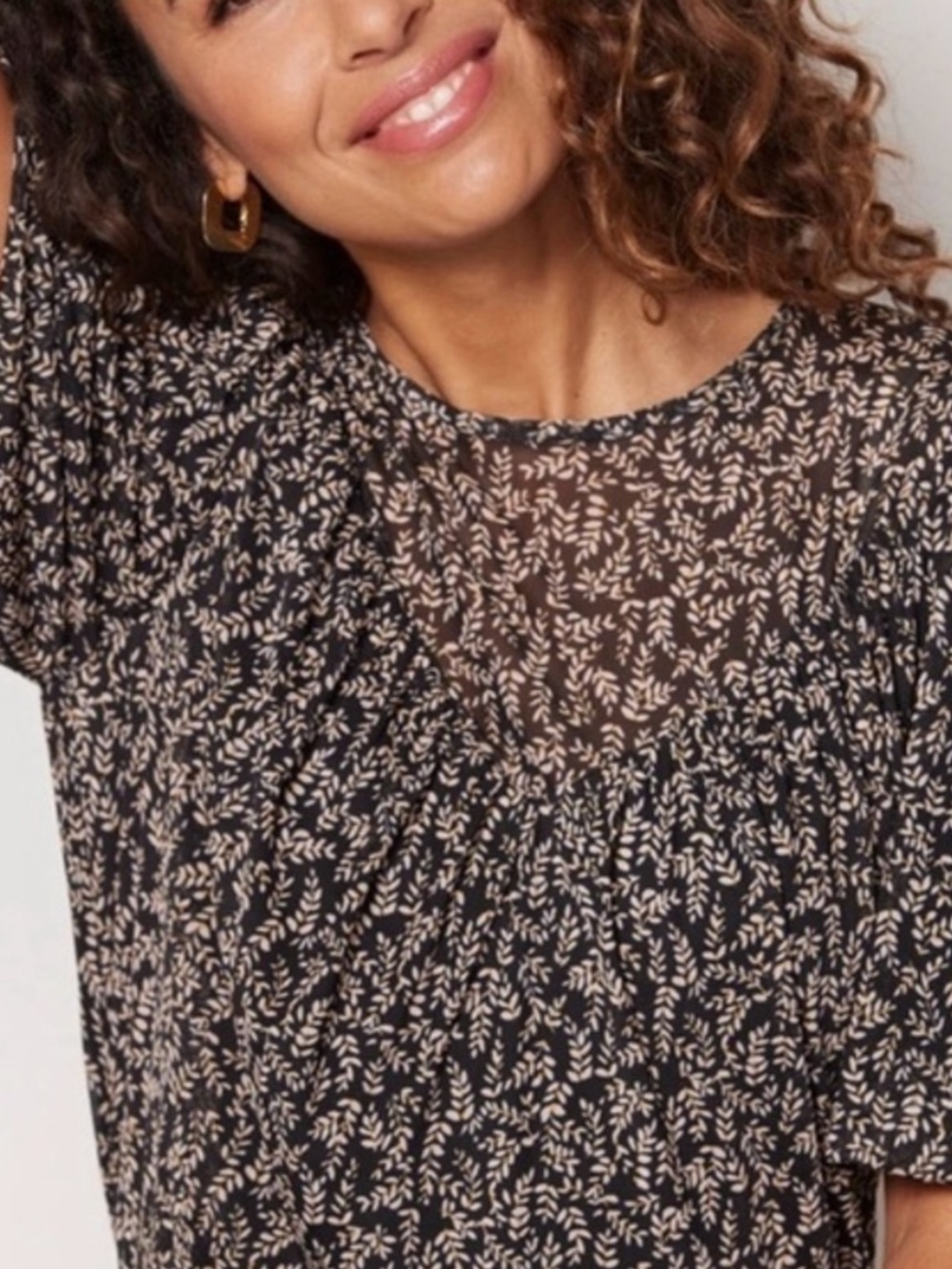 Evereve Black Blouse with Cream Leaf Print